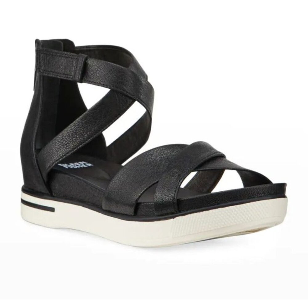 Eileen Fisher Sally Sandals Womens 7.5 Wedge Black Leather Comfort Shoes